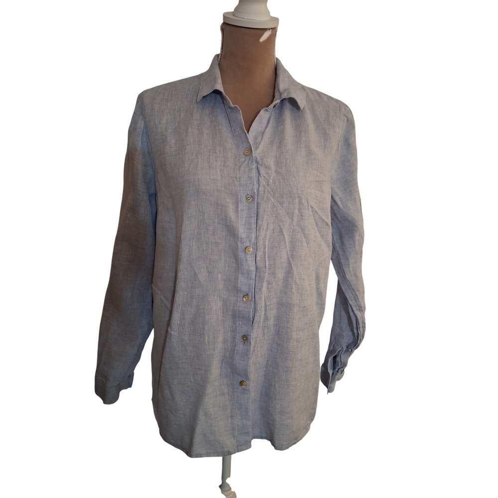 J.Jill Love Linen Blue 100% Linen Button Down Shirt Womens Medium.